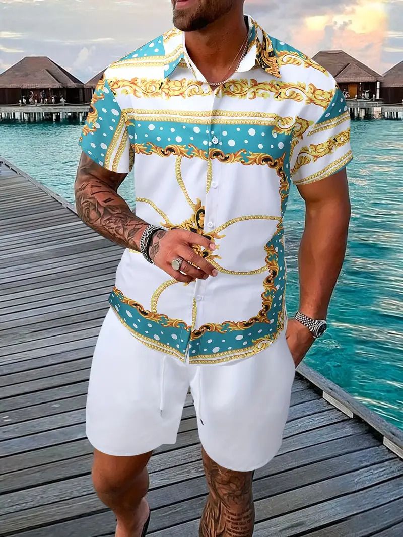 Men's Clothing Versatile Plant Pattern Printing Short Sleeved Village Shirt Shorts Suit_viptrois.com