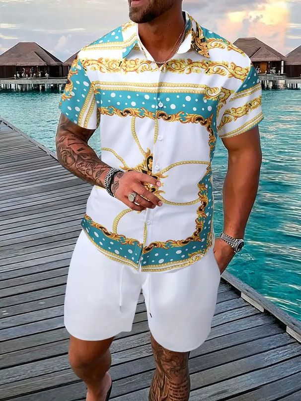 Men's Clothing Versatile Plant Pattern Printing Short Sleeved Village Shirt Shorts Suit_viptrois.com