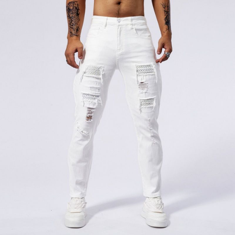 Men's Clothing Elastic Hot Diamond White Jeans Men Ripped Patch Slim Fit Skinny Tight Pants Men_viptrois.com