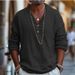 Men's Black Cotton Linen Henley Collar T-Shirt Long Sleeved Loose Fit Breathable Versatile Vacation Style Top New_viptrois.com