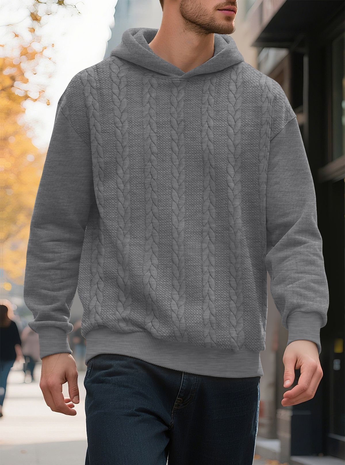 Men’s Oversized Jacquard Hoodie – Thickened Winter Pullover With Zip-Up & Kangaroo Pocket (S-XXXL, 96% Polyester, Relaxed Fit)_viptrois.com