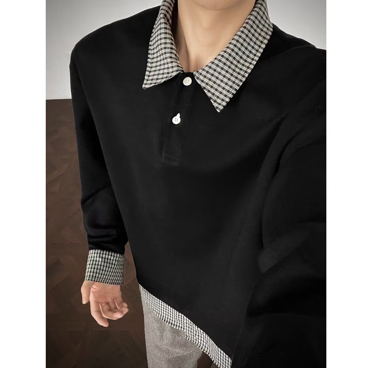 Checkered Collar Hoodie With Trendy Temperament, Fashionable Design Sense, Versatile Loose Top_viptrois.com