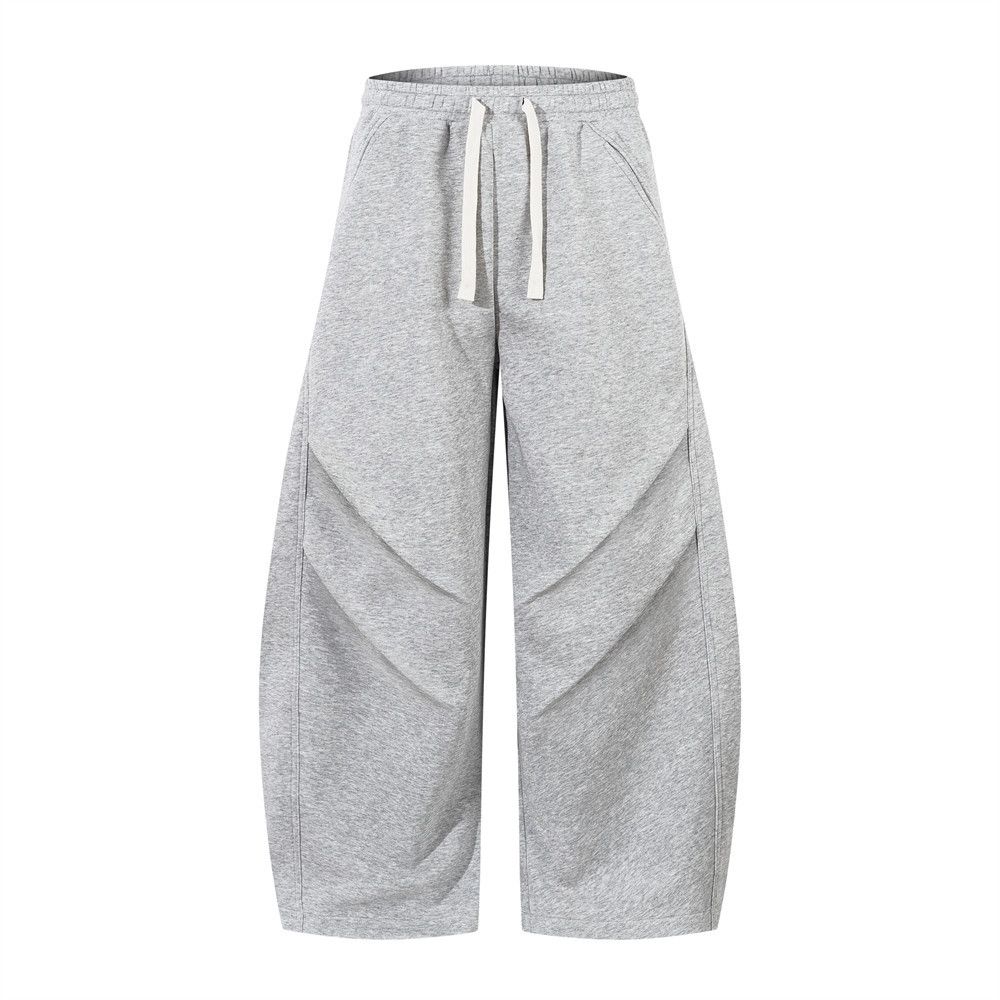 Men's Clothing Pleated Wide Leg Casual Pants In Spring And Autumn With Loose Drawstring And Elastic Waist, Trendy Solid Color Trousers_viptrois.com