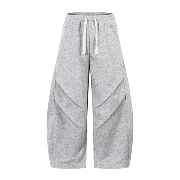 Men's Clothing Pleated Wide Leg Casual Pants In Spring And Autumn With Loose Drawstring And Elastic Waist, Trendy Solid Color Trousers_viptrois.com