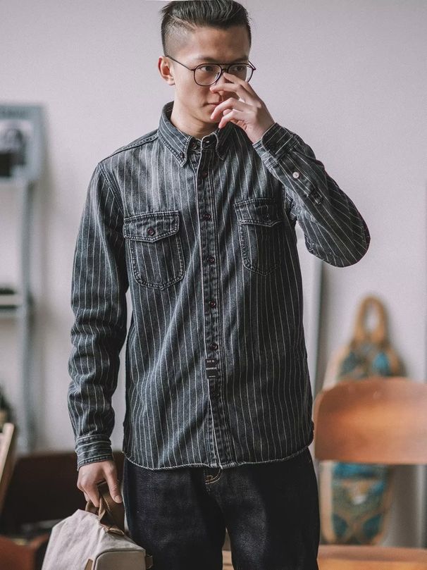 Men's Clothing New long sleeved shirt men's retro casual striped shirt teenagers loose all match tops jacket_viptrois.com