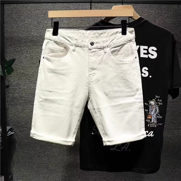 Niche Design High-End White Denim Shorts For Men Trendy Brand Fashion Graffiti Half-Leg Slim Straight Five-Point Pants_viptrois.com