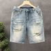 Men's High-End Ripped Denim Shorts Trendy Brand Thin Five Point Midweight Summer Style Loose Straight Leg mid Waist Pants_viptrois.com
