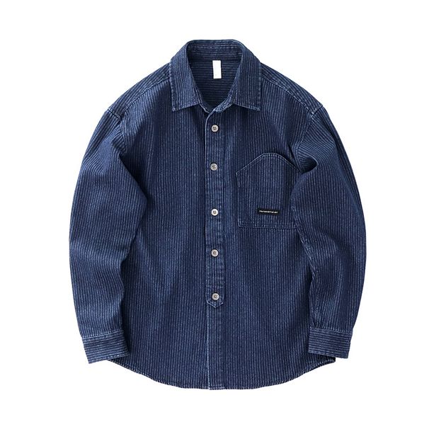Vertical striped washed old spring and autumn new style retro thick workwear casual long sleeved shirt men's coat_viptrois.com