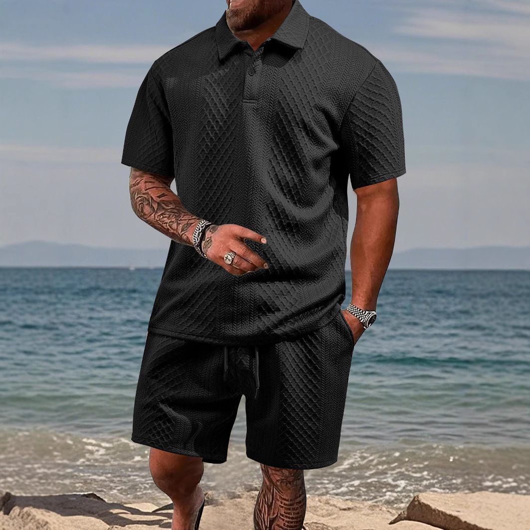 Men's Clothing Summer New Jacquard Short Sleeved Shorts Suit Men's Leisure Sports Lapel Polo Suit_viptrois.com