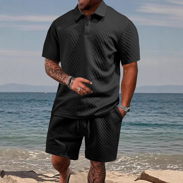Men's Clothing Summer New Jacquard Short Sleeved Shorts Suit Men's Leisure Sports Lapel Polo Suit_viptrois.com