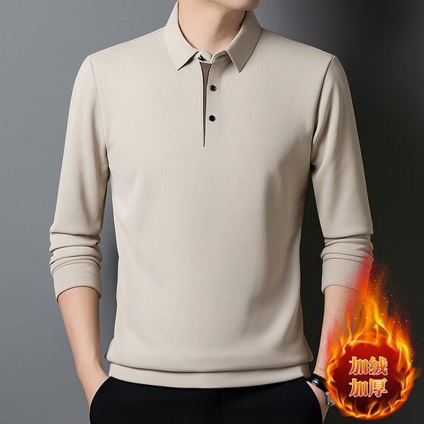 Winter Men's New Fleece-Lined Thickened Long-Sleeve Solid Color Polo Shirt Middle-Aged Business T-Shirt Warm Dad's_viptrois.com
