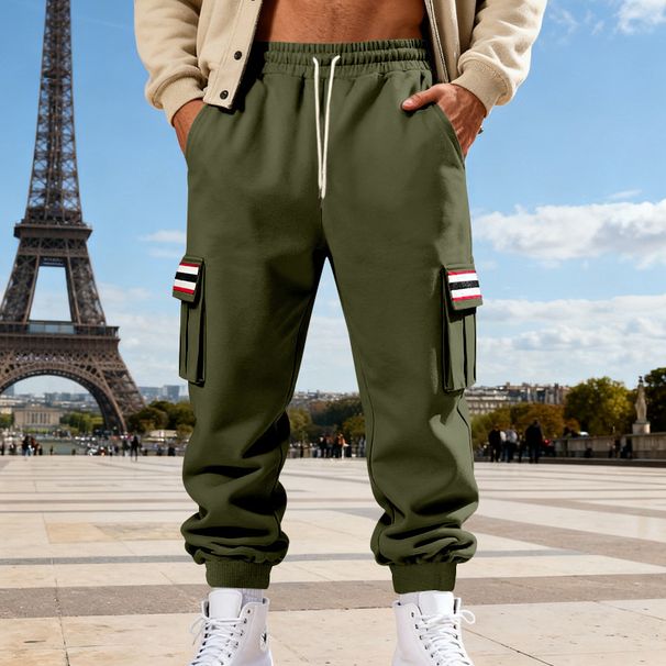 Men's Fleece-Lined Cargo Jogger Pants – Winter Workwear Utility Pants With Multi-Pockets & Striped Detailing_viptrois.com