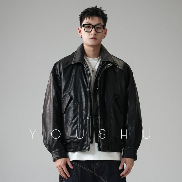 YOUSHU And Feather Layered Two-Piece Retro Leather Down Jacket Men Winter American Style Loose Coat_viptrois.com