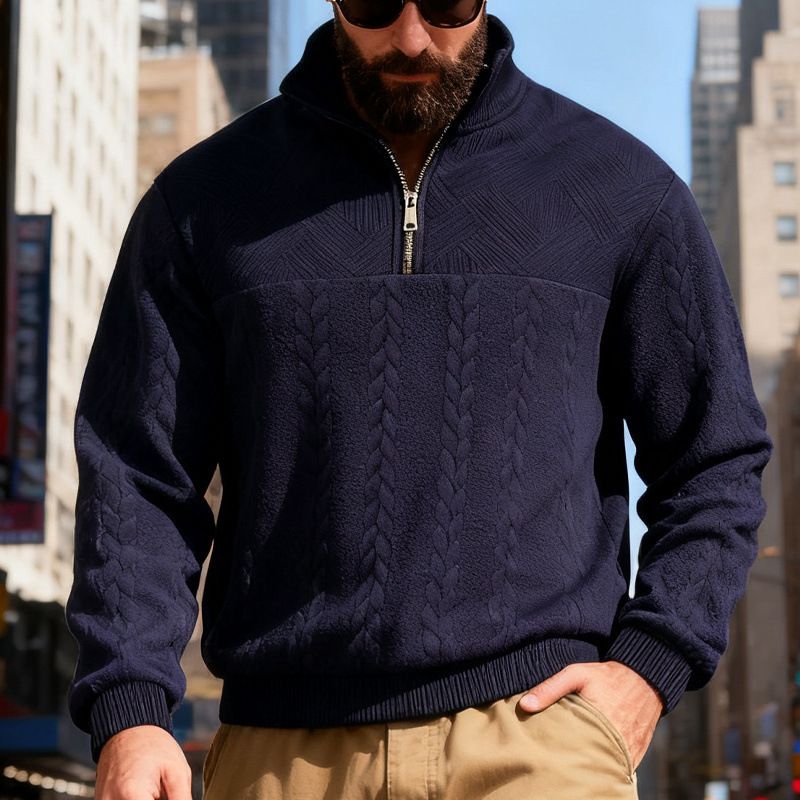 Men's Textured Jacquard Half-Zip Sweatshirt - Heavyweight Stand Collar Pullover With Unique Geometric Pattern, Relaxed Fit For Fall/Winter_viptrois.com