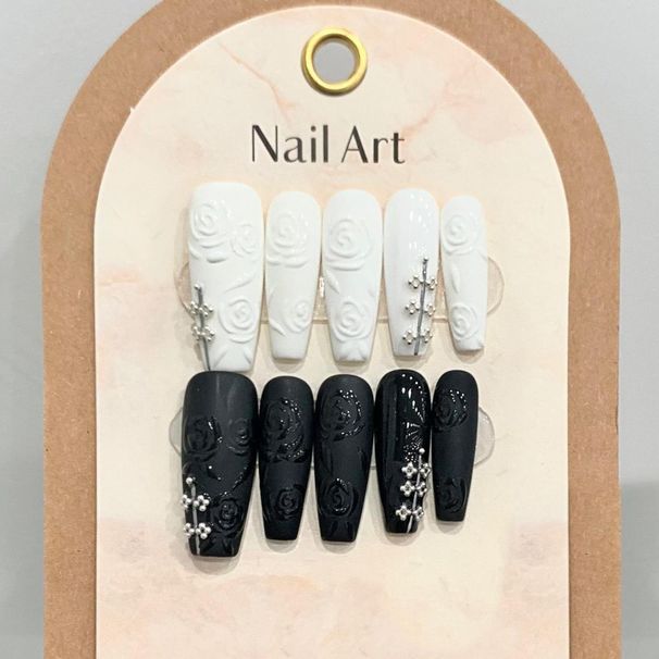 Beauty & Health New Mandarin Duck Black And White Three Dimensional Rose Nail Art Wear Long High End Light Luxury Lady Style Nail Patch Removable_viptrois.com