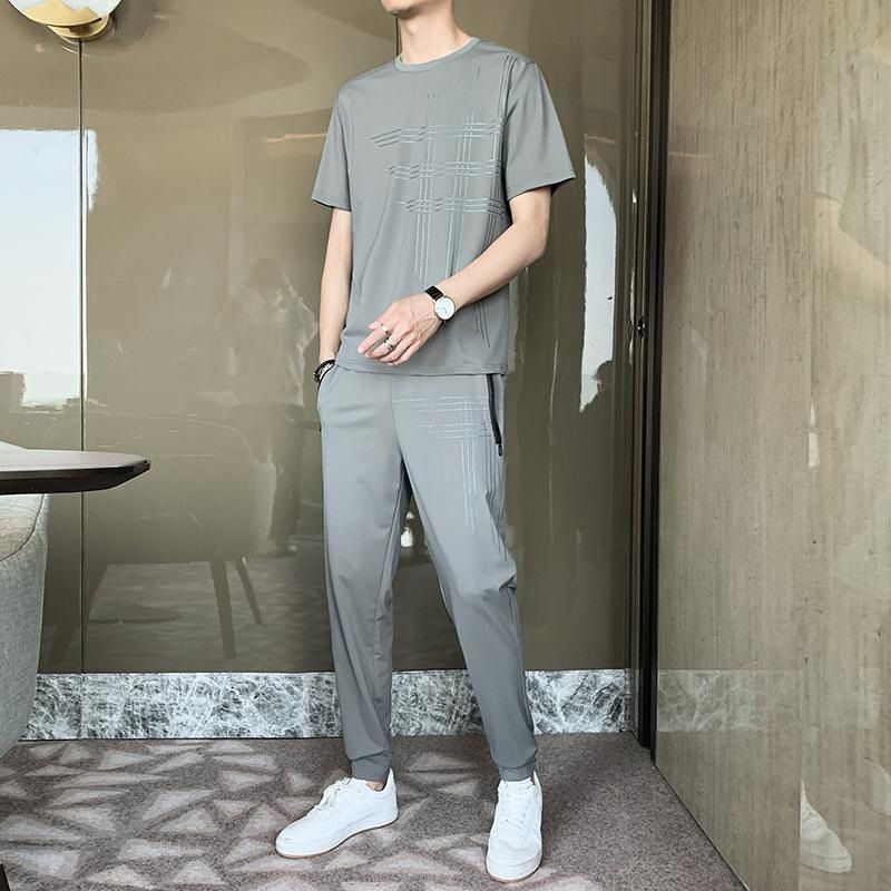 Men's Clothing Summer New Casual Sports Suit Men's Loose Large Size Ice Silk Thin Suit Handsome Quick Drying Breathable Set Of Trendy_viptrois.com
