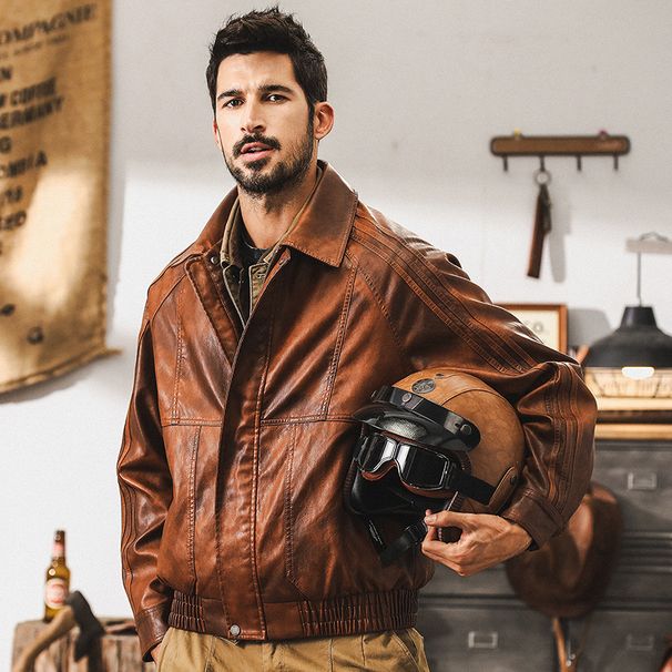 Men's Clothing Classic Retro Leather Jacket Men's Autumn New Trendy Brand Loose Motorcycle Clothing Tough Work Jacket_viptrois.com