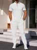 Men's New Waffle Collar Zipper Color Matching Short Sleeved Trousers Casual Sports Suit_viptrois.com