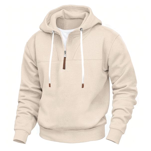 Men's Fleece Lined Half Zip Hooded Sweatshirt American Classic Trendy Long Sleeved Plus Size Loose Fit Double Stitched Seams_viptrois.com
