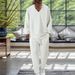 Autumn New Men's Textured Solid Color V Neck Pullover Long Sleeved Trousers Suit_viptrois.com