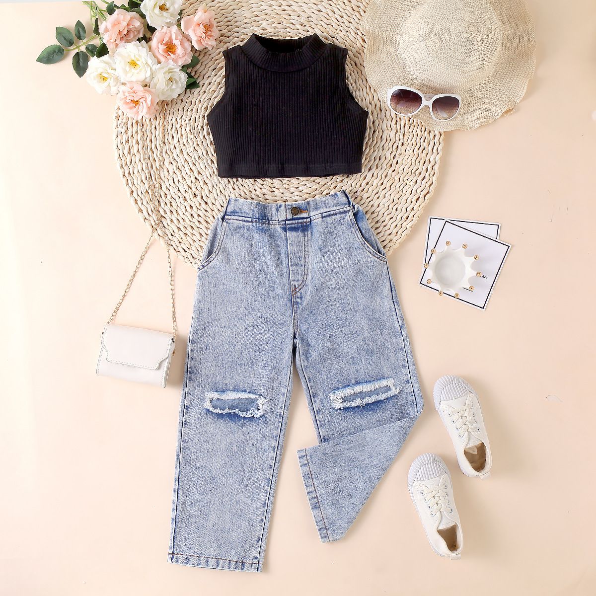 Baby Clothing Children's dress Girls' summer pit strip solid color sleeveless strapless jumper ripped denim trousers two-piece set_viptrois.com