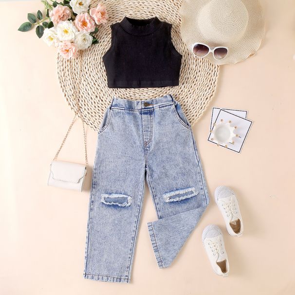 Baby Clothing Children's dress Girls' summer pit strip solid color sleeveless strapless jumper ripped denim trousers two-piece set_viptrois.com