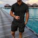 Men's Clothing Summer Fashion Lapel Short Sleeved Polo Shirt Jacquard Casual Versatile Shorts Suit_viptrois.com