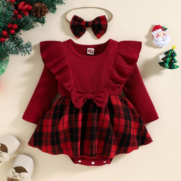 Children's clothing red pit-striped ruffles with plaid skirt, triangular climbing dress, detachable crotch headband_viptrois.com