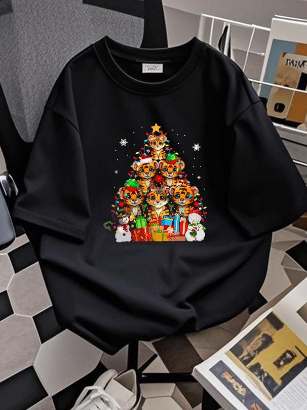 Tiger Christmas Light Tree Shape Santa Elf Reindeer Zoo Animal Snow T-Shirt S Designer Clothes Soft Summer Streetwear Homme Breathable Fashion_viptrois.com