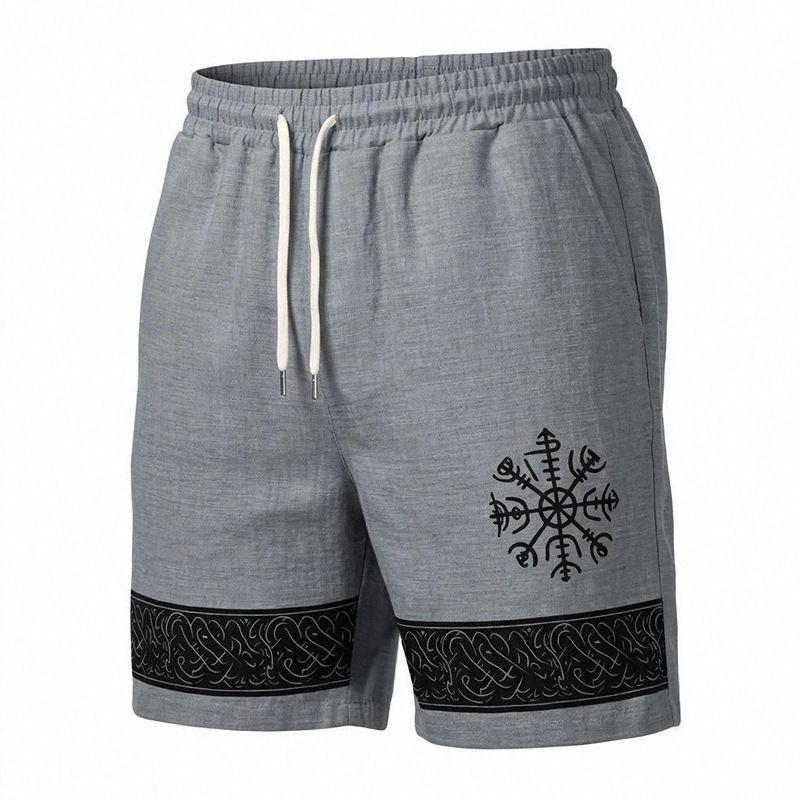 Men's Viking Print Casual Shorts 5 Inch Breathable Summer Beach Relaxed Straight Leg Cut with Pockets Linen-Like Fabric_viptrois.com