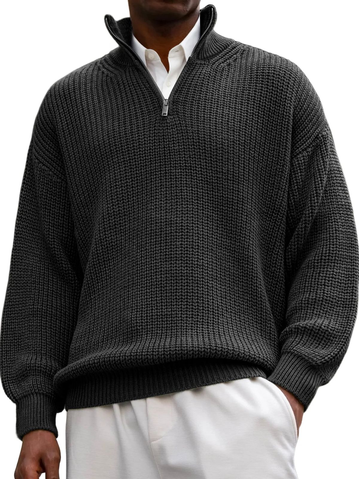 Men's Stylish Half-Zip Polo Sweater - Breathable Wool Blend Knit, Comfortable Long Sleeve Stand Collar Pullover For Casual & Office Wear_viptrois.com
