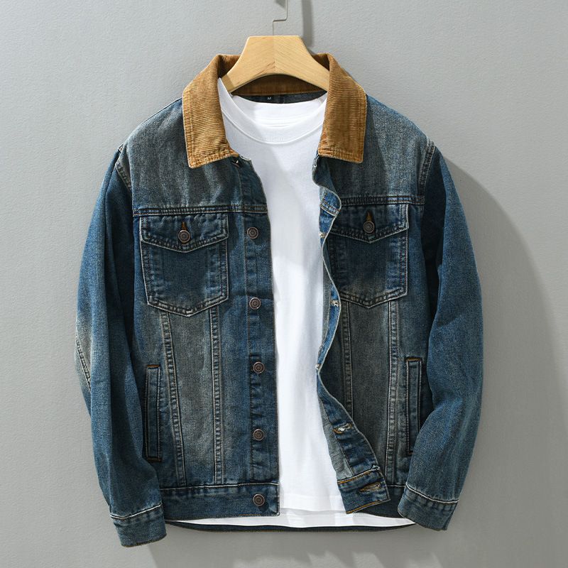 Men's Clothing Splicing Denim Jacket Men's Loose Retro Casual All match Workwear Jacket Tops_viptrois.com