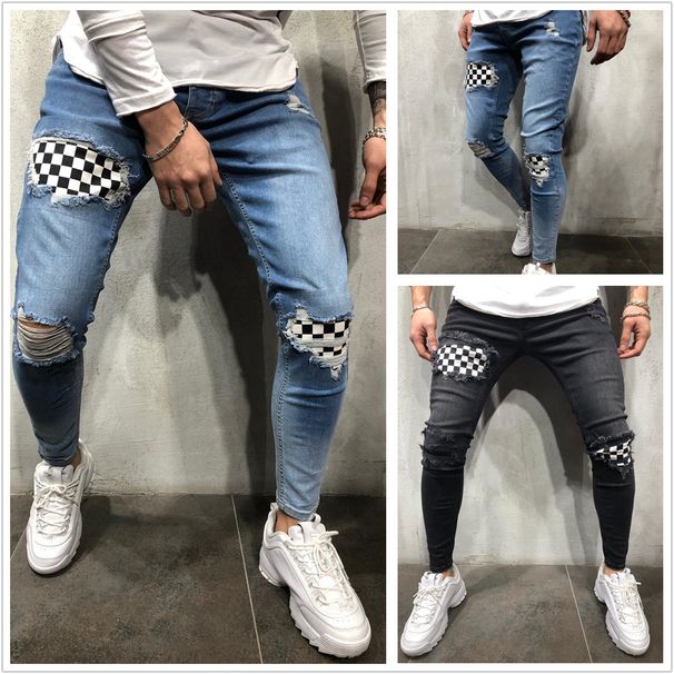 Man's clothing Men's hip hop tight fit ripped small legs Men's badge slim jeans trend_viptrois.com