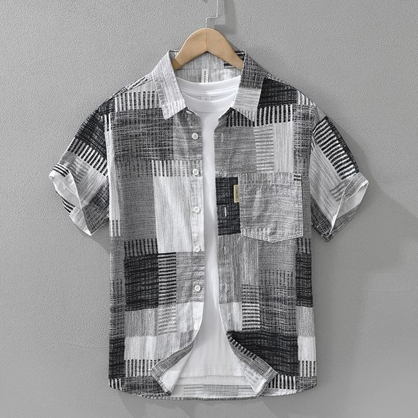 Splicing And Contrasting Summer Short Sleeved Shirt For Men, Fashionable And Versatile, Artistic And Casual Loose Top_viptrois.com