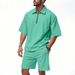 Men's Clothing Men's Loose Lapel Hip Hop Zipper Polo High Street Casual Short Sleeved Shorts Two Piece Suit_viptrois.com