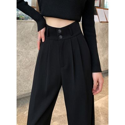 Elegant Wide Leg Suit Pants For Women - High Waisted Straight Trousers With Double Button Design, Perfect For Pear Shaped Figures_viptrois.com