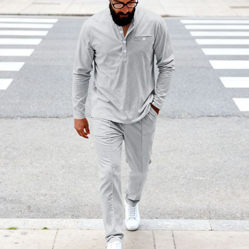 Men's Long Sleeve Henley Shirt & Straight Leg Pants Set - Casual Loungewear For Spring & Fall - Soft Polyester Fabric - Relaxed Fit (Black, White)_viptrois.com