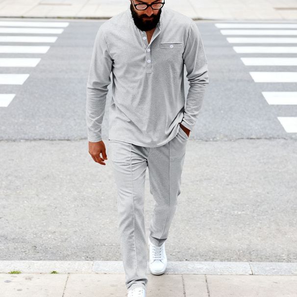 Men's Long Sleeve Henley Shirt & Straight Leg Pants Set - Casual Loungewear For Spring & Fall - Soft Polyester Fabric - Relaxed Fit (Black, White)_viptrois.com