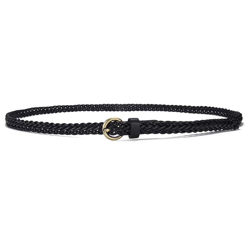 Women Braided Belts Summer Retro Woven Bronze Buckle Women's Thin Belt Fashion Versatile Dress Free Punch PU Decorative Belt For Women_viptrois.com