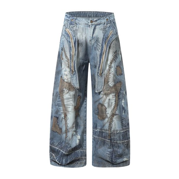 Post-apocalyptic Stained Wide-Leg Jeans For Men, Trendy Washed Vintage Style With Messy Stitching, Embroidery Patches,_viptrois.com