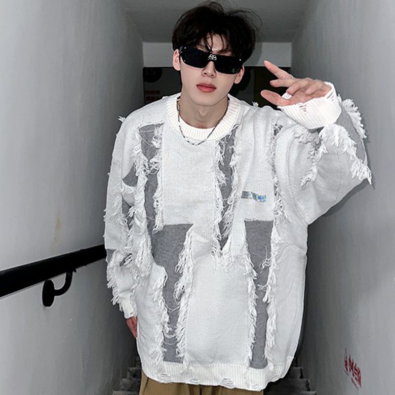 Sweater Men's Autumn And Winter New Loose Round Neck Ripped Knit Sweater Trend Thickened Warm Sweater_viptrois.com