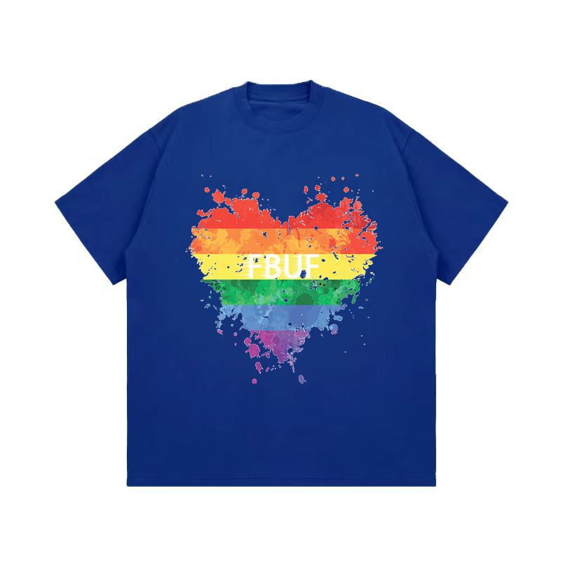 Men's Clothing High Street Short Sleeved Men's Niche Design Couple Rainbow Love Print T Shirt Summer Ins Retro Five Point Sleeves_viptrois.com