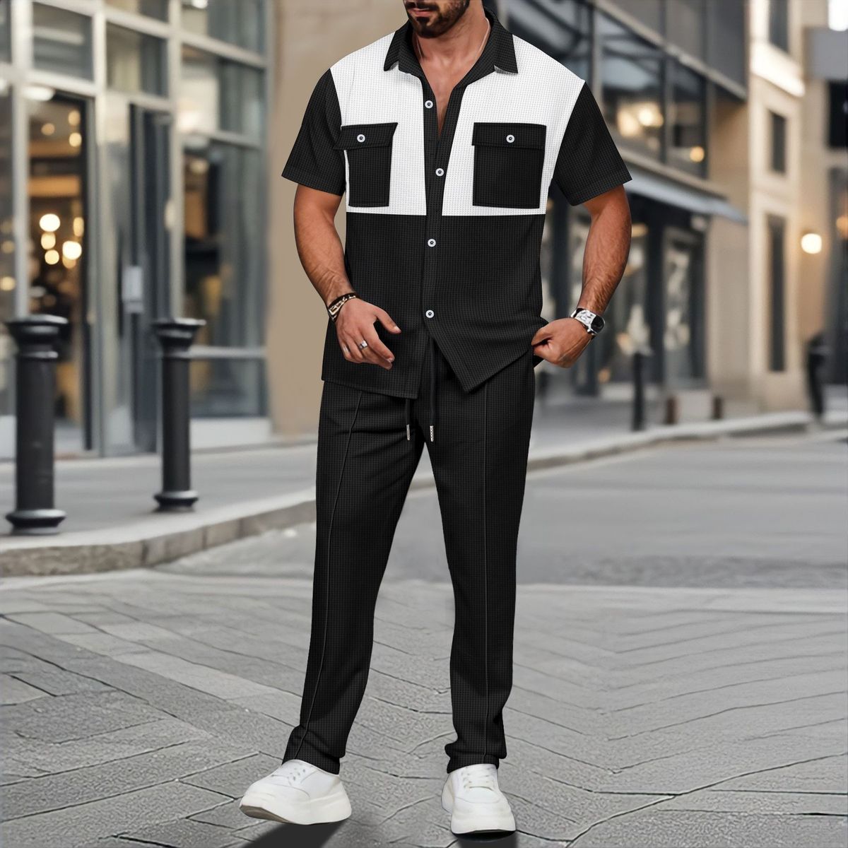 Men's Clothing New Waffle Four Breasted Pocket Color Matching Short Sleeved Shirt And Trousers Two Piece Suit_viptrois.com