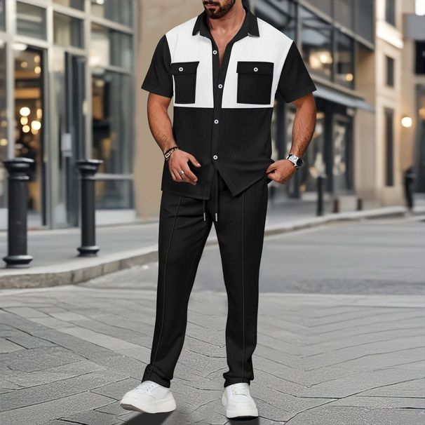 Men's Clothing New Waffle Four Breasted Pocket Color Matching Short Sleeved Shirt And Trousers Two Piece Suit_viptrois.com