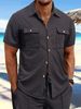 Men's Waffle Short Sleeved Casual Solid Color Lapel Button Pocket Versatile Shirt_viptrois.com