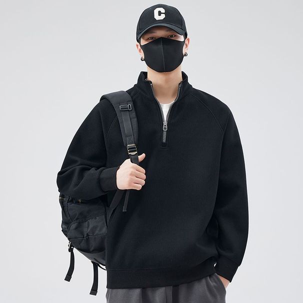 Men's Half Zip Loose Fit Pullover Hoodie, Trendy Stand Collar Sweatshirt For Spring & Autumn, Soft & Breathable Polyester Blend_viptrois.com