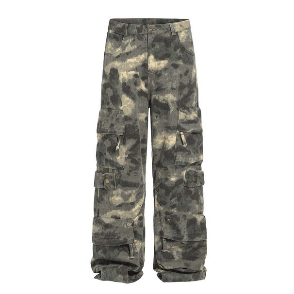 Men's Camouflage Cargo Tie-Dye Niche Loose Wide-Leg Denim Long Design Functional Style Multi-Pocket Tactical Pants_viptrois.com
