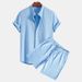 Men's Casual Loose Multicolor Beach Wear Pit Stripe Short Sleeve Suit Two Piece Set_viptrois.com