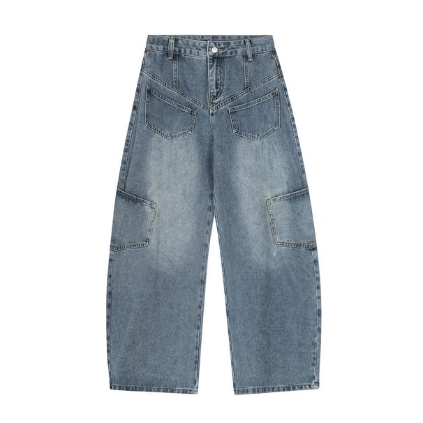 American Style Patch Pocket Scimitar Jeans For Men Loose Street Washed Versatile Casual Oversized Wide-Leg Pants_viptrois.com
