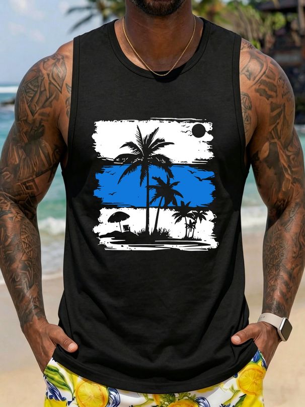Canotta Uomo Girocollo 100% Cotone Stampa Palme Spiaggia Morbida Traspirante Senza Maniche Vacanze Quotidiane Estivo Multicolore_viptrois.com